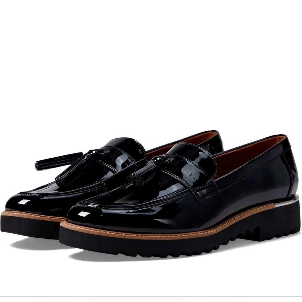 Franco Sarto NWOB Carolynn Blk Black Patent Leather Lug-Sole Loafers Slip On S 7
